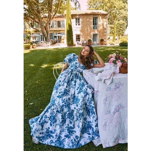 LoveShackFancy DANBURY Blue Floral Maxi Gown Dress Bridal Resort Vacation Sz 2 - Picture 3 of 16